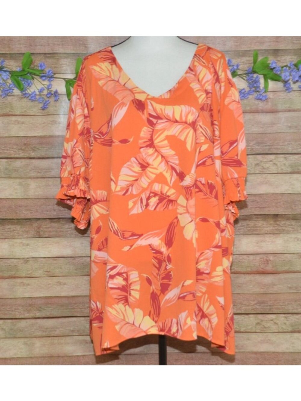 Belle By Kim Gravel Orange Tropical Leaf Print Tunic Blouse Size 5X Beach Cruise